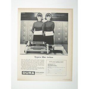 Vintage 1960s Dura Business Machines Print Ad Mach 10 Typewriter Twins MOD